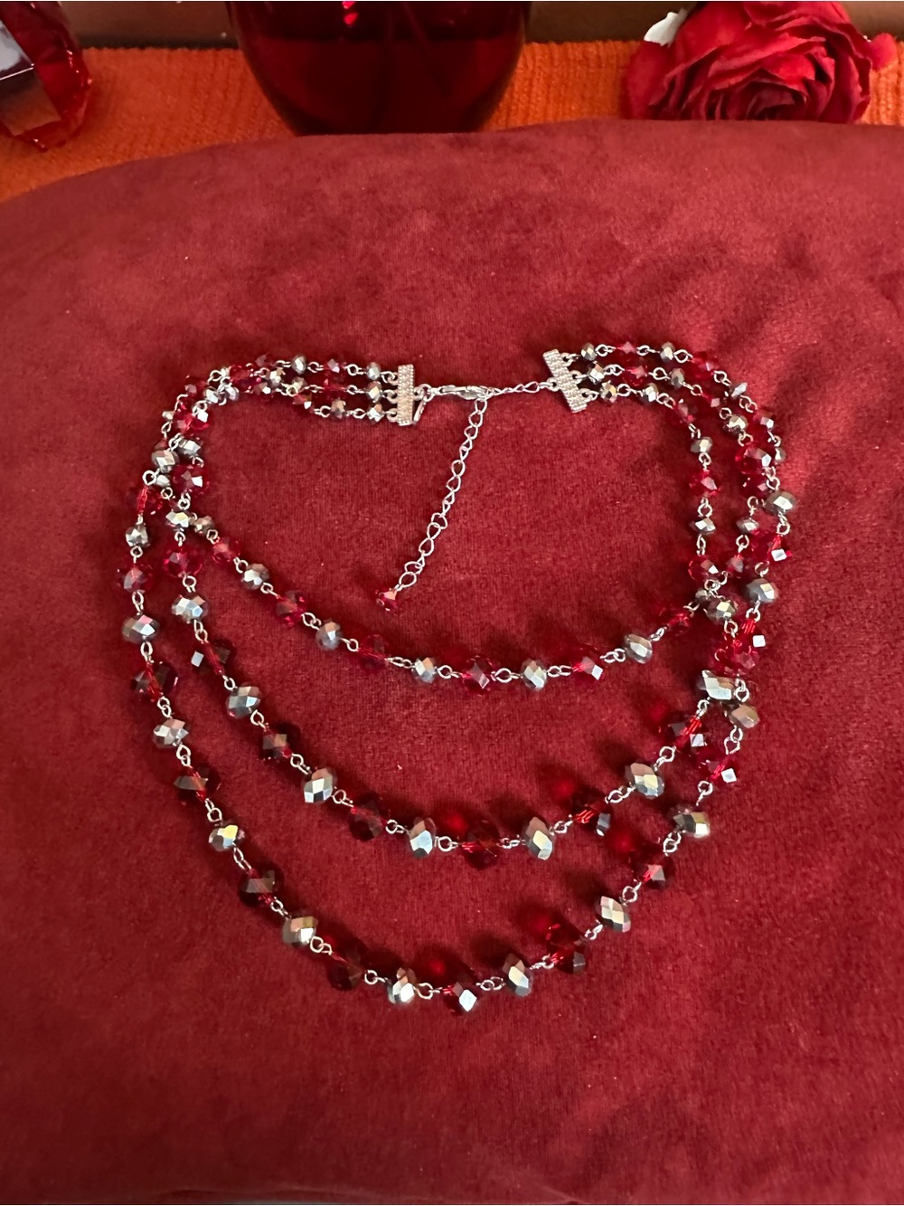 Layered Red Crystal and Silver Bead Necklace - vintage Sparkling Multi-Strand